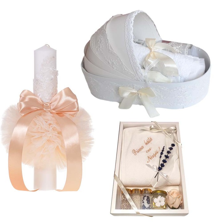 Set trusou in landou, lumanare botez dantela si set pentru prima baita dupa botez, culoare crem / ivoire, Denikos NK125