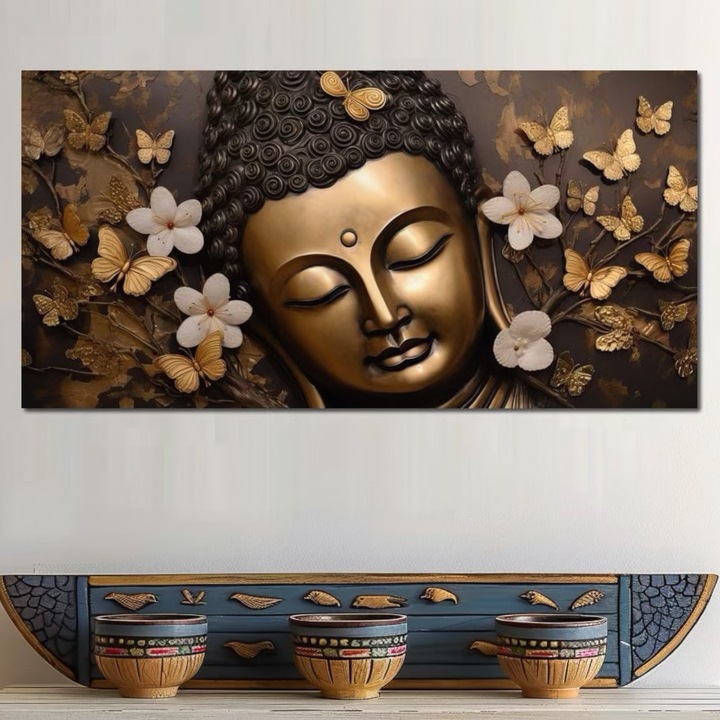 LuxCanva I141 Prémium vászonkép, Meditáció aurája, 40 x 80 cm, 100% pamutvászon 400g/m2, Fa keret, Buddha, Zen, Egyensúly, Meditáció, Spiritualitás, Harmónia, Virágok, Pillangók, Arany, Nappali, Hálószoba