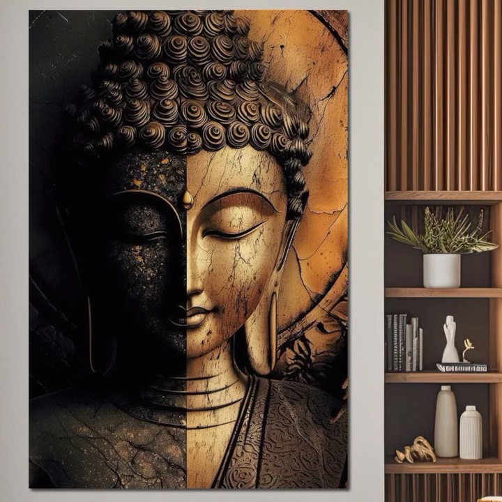 Prémium vászonkép, LuxCanva® I143, Fények és árnyékok, 60 X 90 CM, 100% pamutvászon 400g/m2, Fakeret, Buddha, Zen, Kettősség, Megvilágítás, Egyensúly, Idő, Energia, Meditáció, Béke, Arany, Márvány, Nappali, Hálószoba