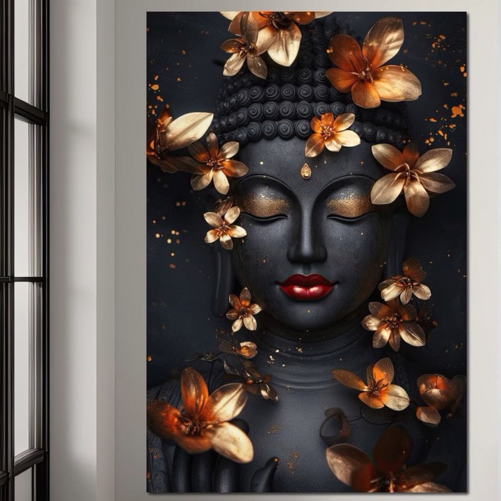 Премиум картина върху платно, LuxCanva® I144, Златни цветя, 100 X 150 см, 100% памучно платно 400 г/м2, дървена рамка, Дзен, Осветление, Баланс, Енергия, Медитация, Мир, Червени устни, Цветя, Урна, Елегантност, Злато, Хол, Спалня