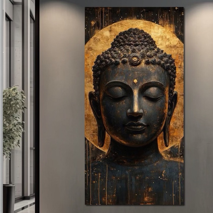 Prémium vászonkép, LuxCanva® I146, Energia és béke, 40 X 80 CM, 100% pamutvászon 400g/m2, fakeret, Buddha, Zen, béke, bölcsesség, megvilágosodás, spiritualitás, harmónia, urna, aura, tűz, arany, nappali, hálószoba