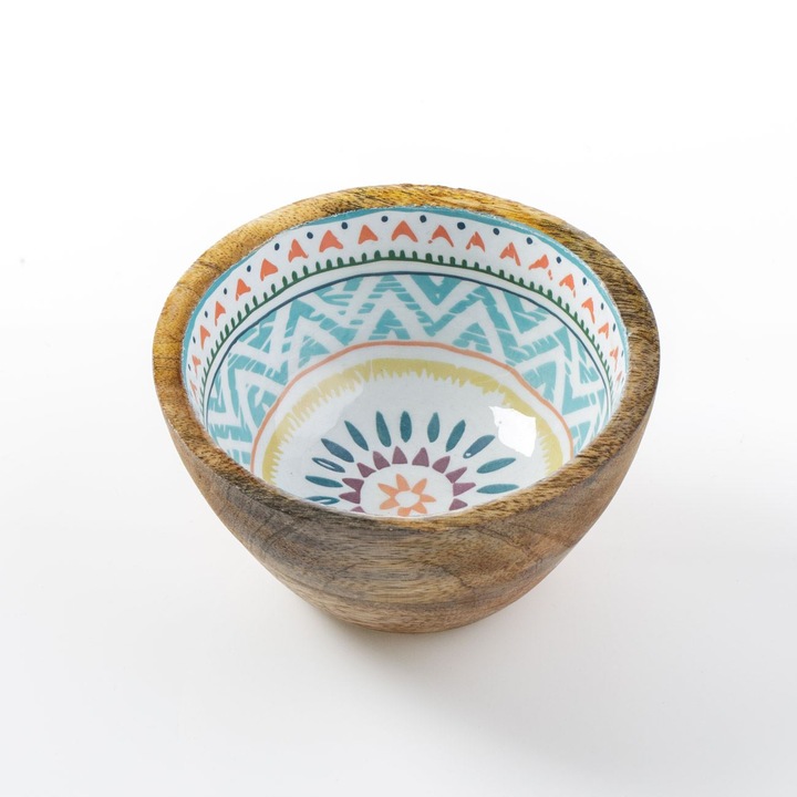 Bol din Lemn Emailat cu Model Colorat Aztec Ø13x7cm