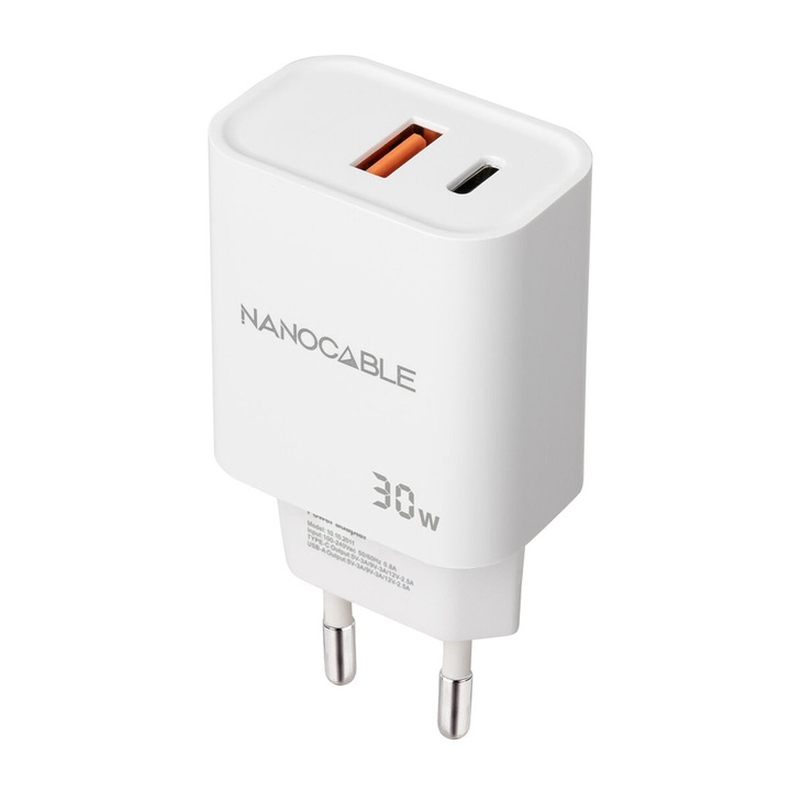 Incarcator de perete NANOCABLE 30 W, alb, USB, USB-C