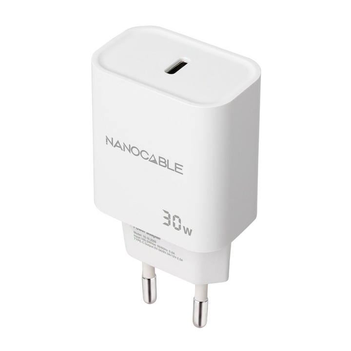 Incarcator de perete NANOCABLE 30W alb USB USB-C
