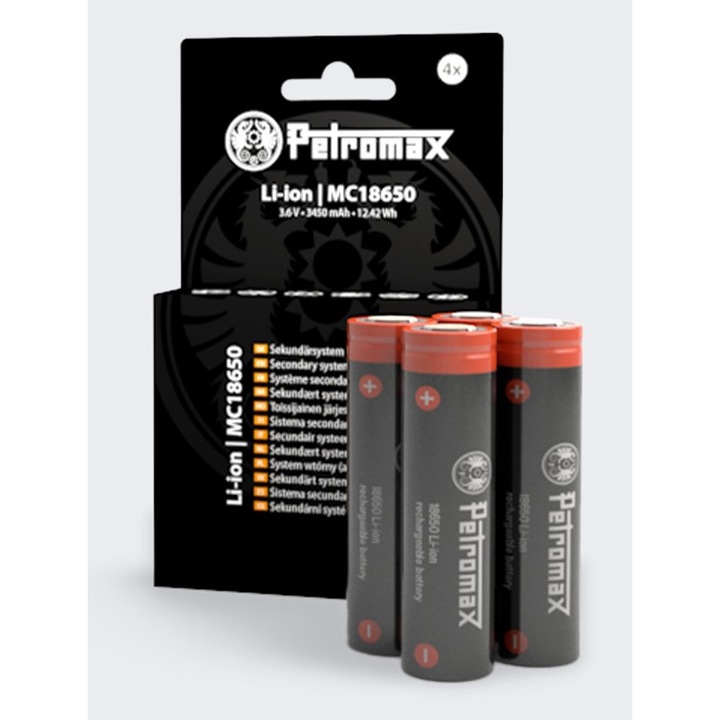Set 4 acumulatori 18650 Petromax, 3450 mAh, rezistenti la temperaturi, negru