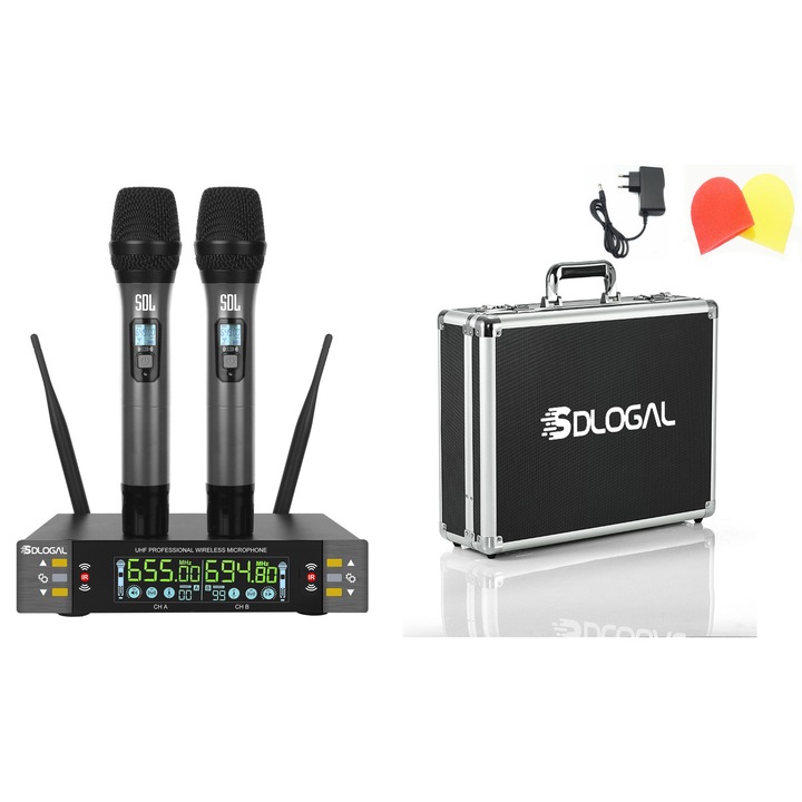 Комплект от 2 безжични микрофона, SDLOGAL професионална микрофонна система с приемник, дигитален дисплей, метална решетка, 60 метра, преносим за караоке, сватба, DJ, парти, черен