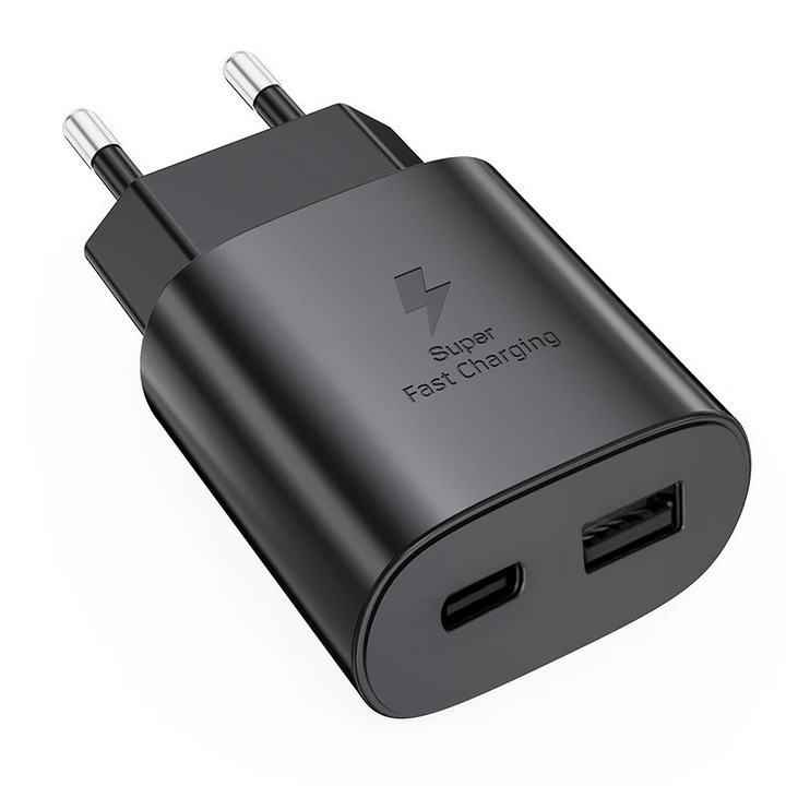 Európai szabványú USB C töltő, kétportos 25 W, USB A / USB-C - C típusú gyorstöltő, iPhone 16 16e 16 Pro 15 14 Pro Max 13 12 11 SE 2020 XS XR S.amsung S25 S24 S23 A56 A55 A16 A15 készülékekhez, szupergyors töltő