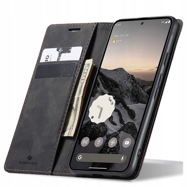 Etui portfel din piele ecologica Spacecase Wallet pentru Google Pixel 9A, negru, cu inchidere magnetica si suport pentru vizionare video