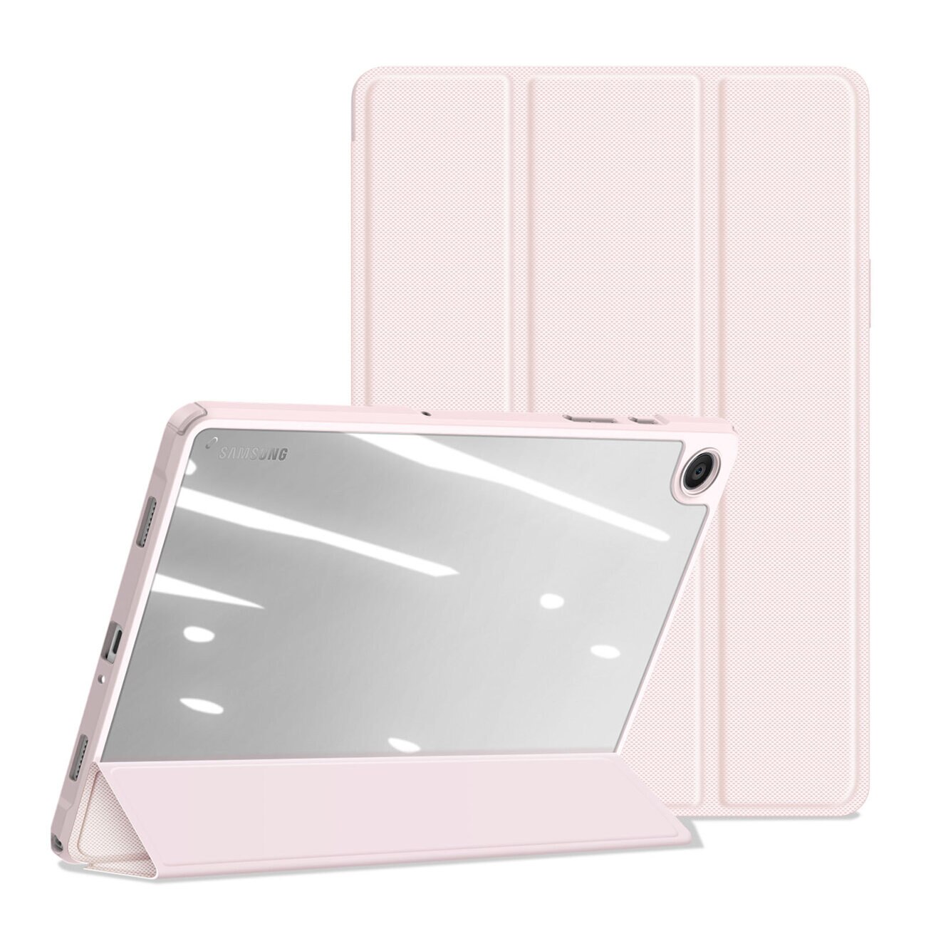 Husa premium pentru Samsung Galaxy Tab A9, 8.7", Sigloo, interior de piele sintetica, suport Smart Pen, spatele din policarbonat transparent, rezistent la socuri, Pink
