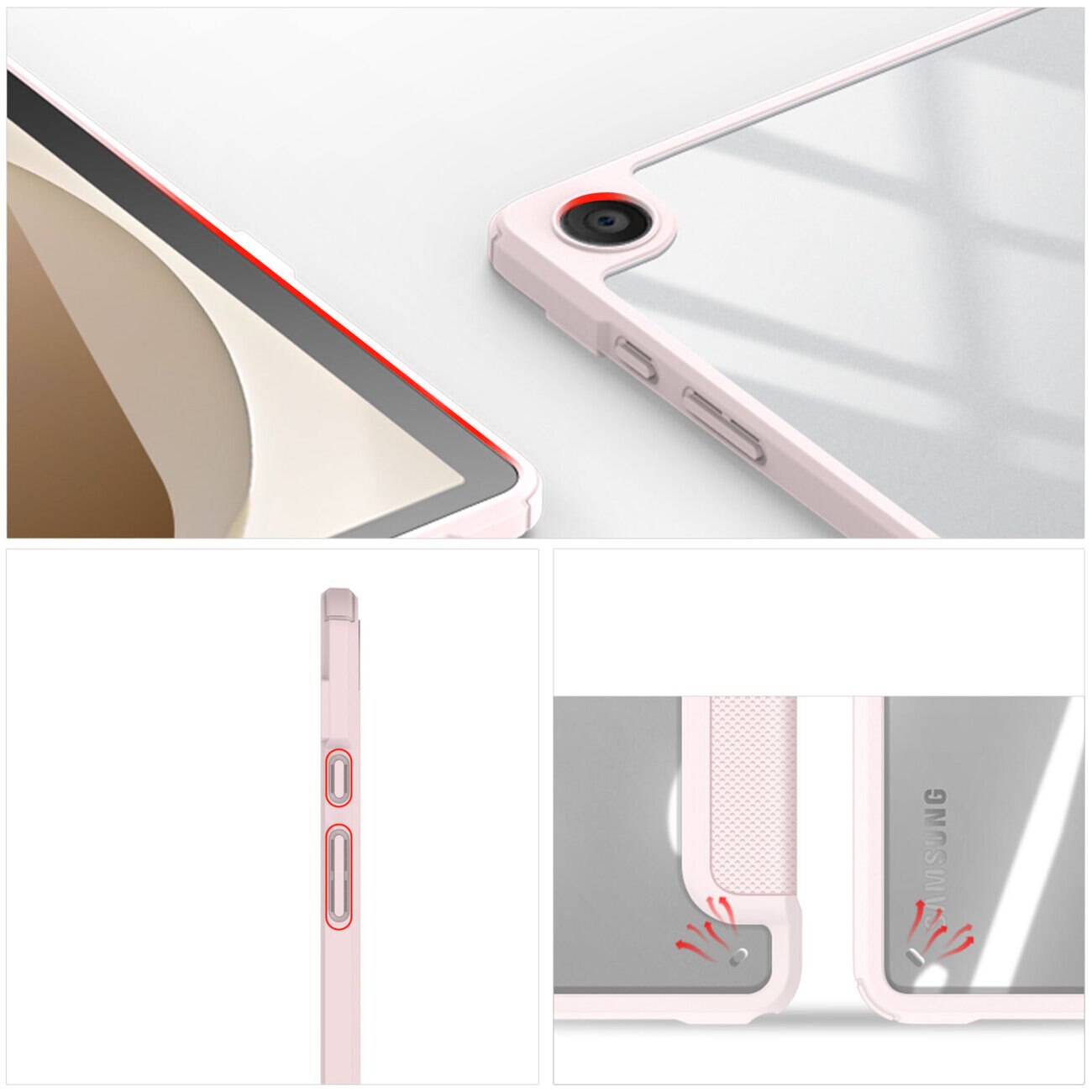 Husa premium pentru Samsung Galaxy Tab A9, 8.7", Sigloo, interior de piele sintetica, suport Smart Pen, spatele din policarbonat transparent, rezistent la socuri, Pink