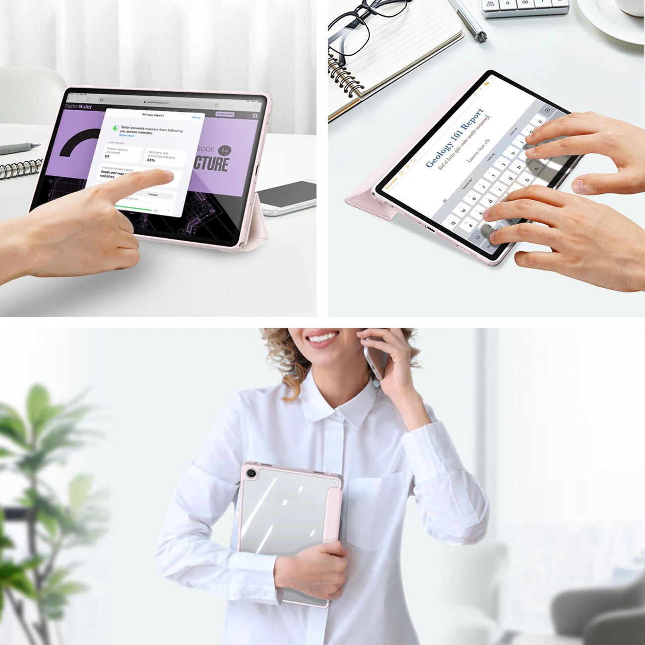 Husa premium pentru Samsung Galaxy Tab A9, 8.7", Sigloo, interior de piele sintetica, suport Smart Pen, spatele din policarbonat transparent, rezistent la socuri, Pink