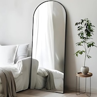 Oglinda de Podea Neagra Elindor® Decorativa, Dreptunghiulara, Verticala, Design Arcada, cu Suport Rabatabil, Montaj pe Perete sau Podea, Ideala pentru Dormitor, Living, Birou, Hol Dressing sau Nunta, Perfecta pentru Mireasa, Rama din Aluminiu, 150x40 cm