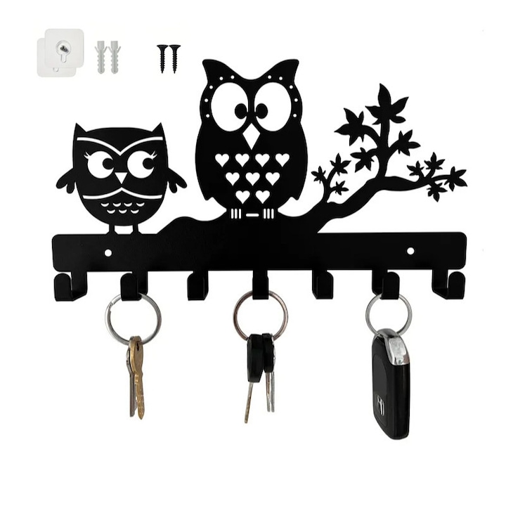 Cuier, Cu accesorii, Fier, Multifunctional, 7 Carlige, Negru，bufnita--2