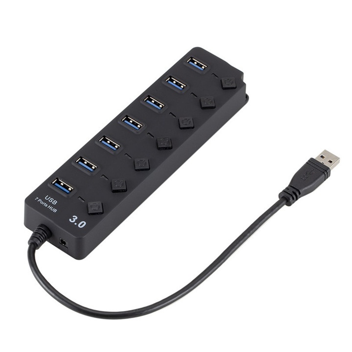 Хъб, USB 3.0, 7-в-1, За Windows, MAC OS, черен