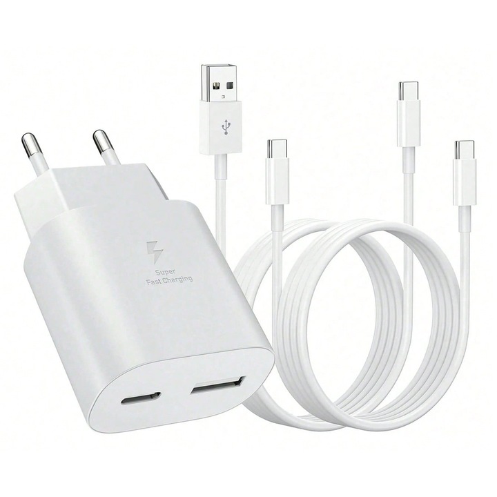 25 W-os kétportos USB C töltő, USB A / USB-C - Type-C gyorstöltő kábel, 90 cm-es gyorstöltő kábellel, CE, RoHS tanúsítvánnyal, iPhone 16 16e 16 Pro 15 14 Pro Max 13 12 11 SE 2020 XS XR S.amsung S25 S24 S23 A56 A55 A16 A15 készülékekhez