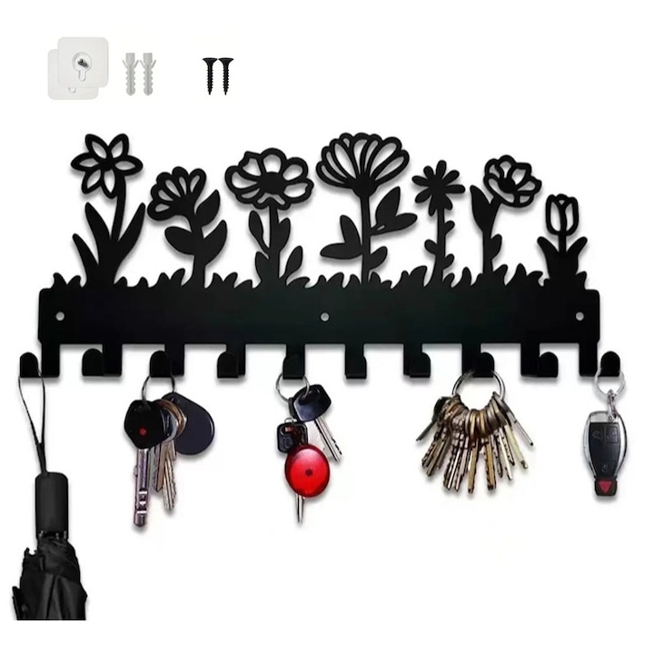 Cuier, Cu accesorii, Fier, Multifunctional, 10 Carlige, Negru，floare