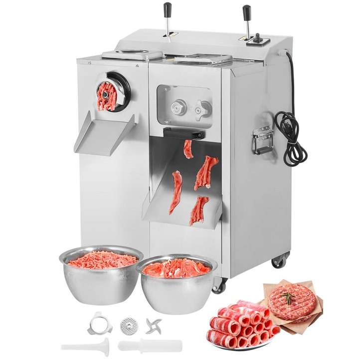 Masina de Tocat Carne, 3 in 1, Putere 1100W, Viteza 180 Rpm, Productivitate 6 Kg/min, Include 3 Lame si 2 Tuburi de Carnati, pentru Uz Casnic si Comercial