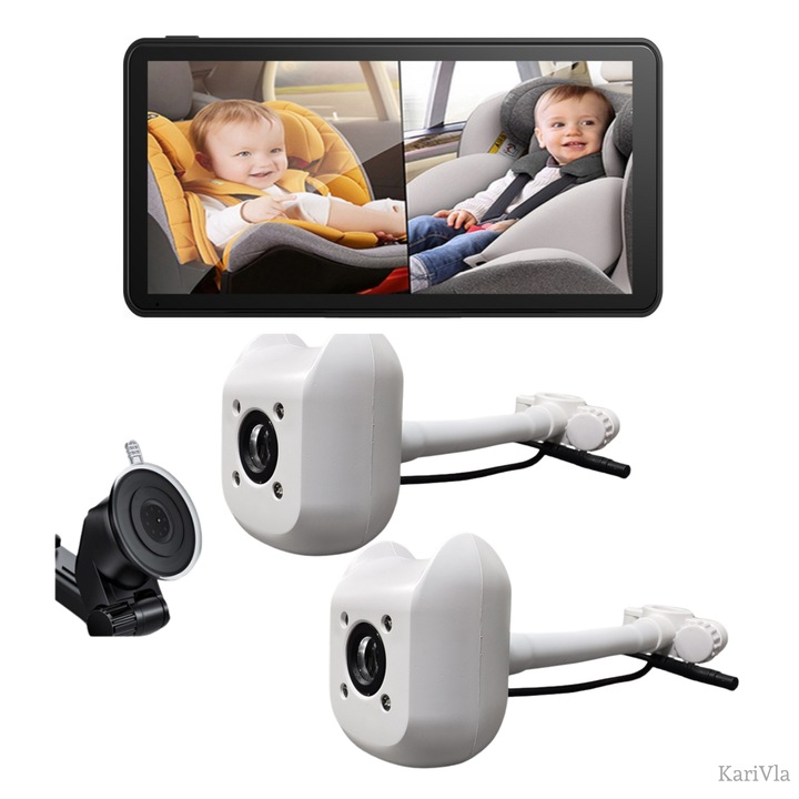 Автомобилен видеомонитор с двойна камера KariVla™, наблюдение на бебета и деца, 6.8-инчов IPS екран, нощно виждане, 170° широкоъгълен ъгъл, регулируем екран, зареждане от запалката, наблюдение на пътниците отзад, HD резолюция 1280x720