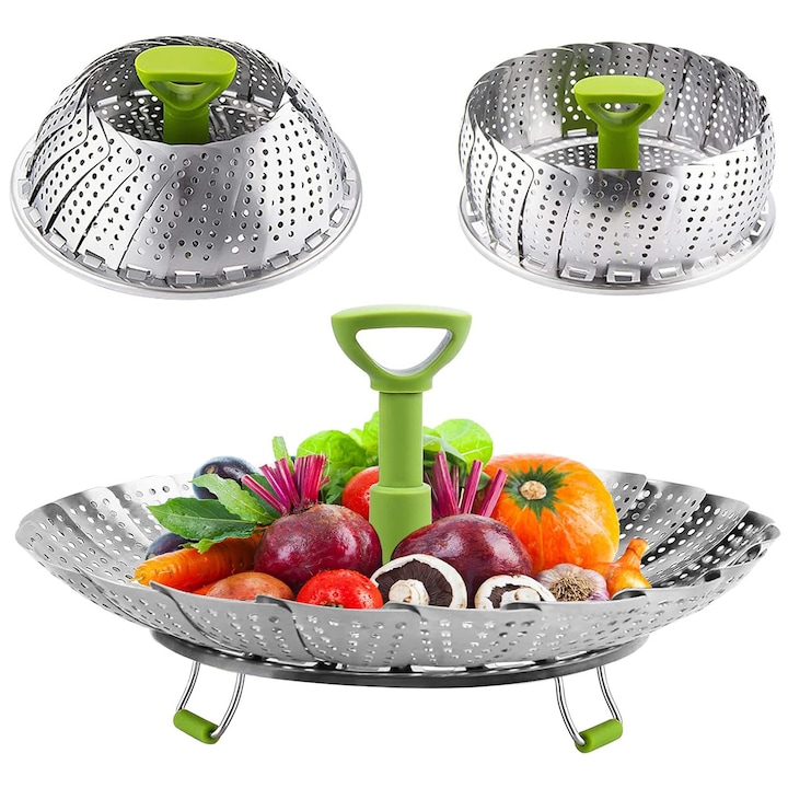 Cos de gatit la abur pentru gatit alimente, abur pentru legume din otel inoxidabil, abur interior pliabil extensibil cu maner retractabil, se potriveste tuturor dimensiunilor de oale, 5,1" pana la 9"