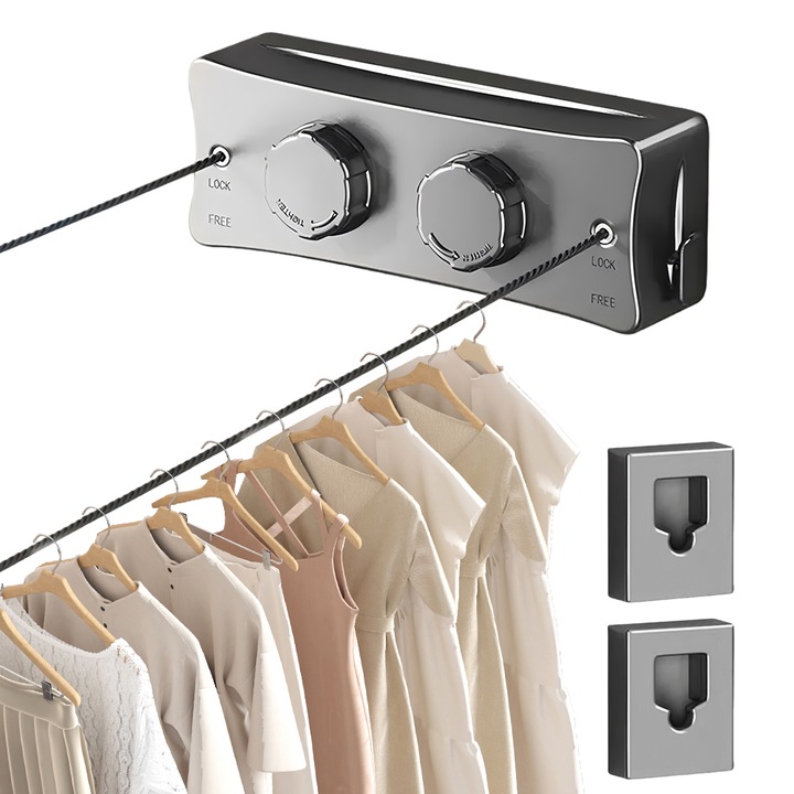 OEM Behúzható ruhaszárító, Falra szerelhető, Acél ruhaszárító drótok, Láthatatlan behúzható ruhaszárító kötél, Dupla kötéldrót, Leesésgátló, Nagy teherbírású, Falra szerelhető, Erkélyre, Fürdőszobába, Mosoda, 5,1 m, 20 kg, 27x9x5 cm, Szürke