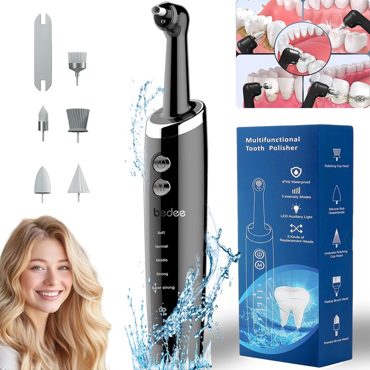 Aparat Pentru Albirea si Lustruirea Dintilor, Set de albire a dintilor pentru curatarea si albirea dintilor, Indepartare tartru, Portabil, cu 6 capete interschimbabile, 5 moduri de viteza, waterproof, lumina LED, Pentru Bautorii de vin si Cafea