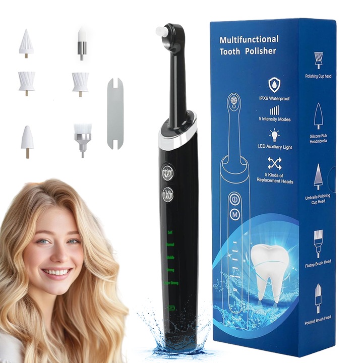 Устройство за избелване и полиране на зъби, Комплект за избелване на зъби за почистване и избелване на зъби, Премахване на зъбен камък, Преносим, с 6 сменяеми глави, 5 режима на скорост, Водоустойчив, LED светлина, За любители на вино и кафе, Черен
