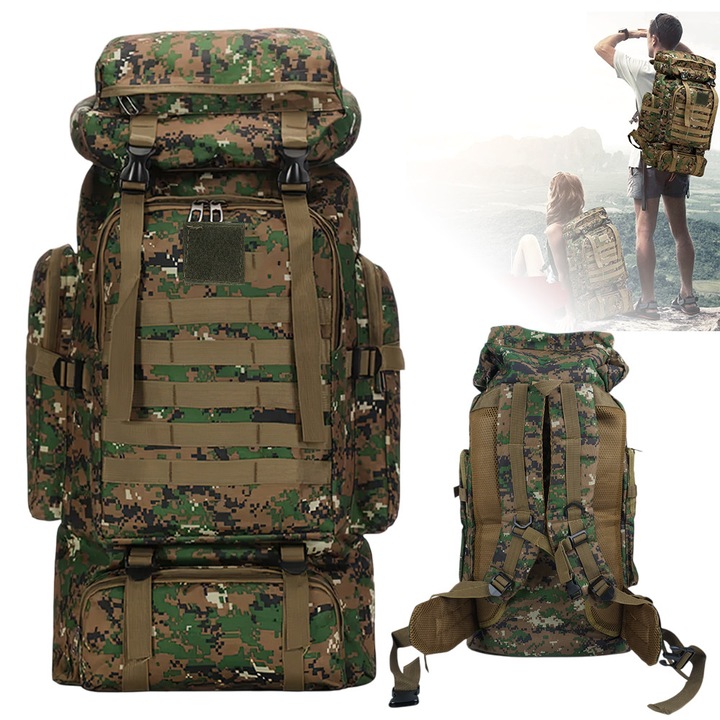 Военна тактическа раница, регулируеми презрамки, 75 л, водоустойчива, за планински преходи, туризъм, къмпинг, ежедневна употреба, 33,5 x 66,5 см, камуфлажна