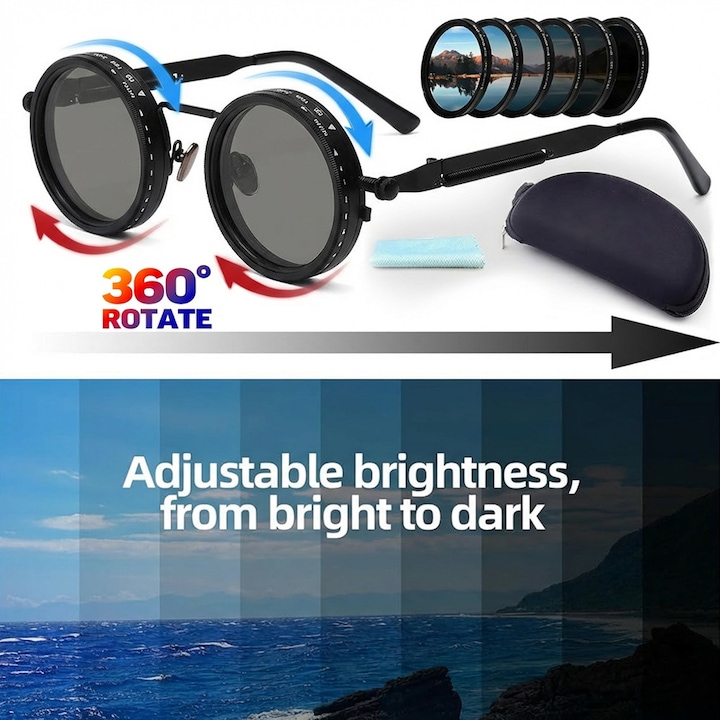 Ochelari de soare polarizati reglabili, temperatura de culoare reglabila pe 9 niveluri, lentile AC de inalta definitie, protectie UV400, filtru ND400, antireflex, potriviti pentru pescuit, condus si vacante la plaja., negri