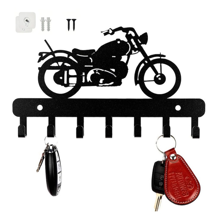 Cuier, Cu accesorii, Fier, Multifunctional, 7 Carlige, Negru，Motocicleta