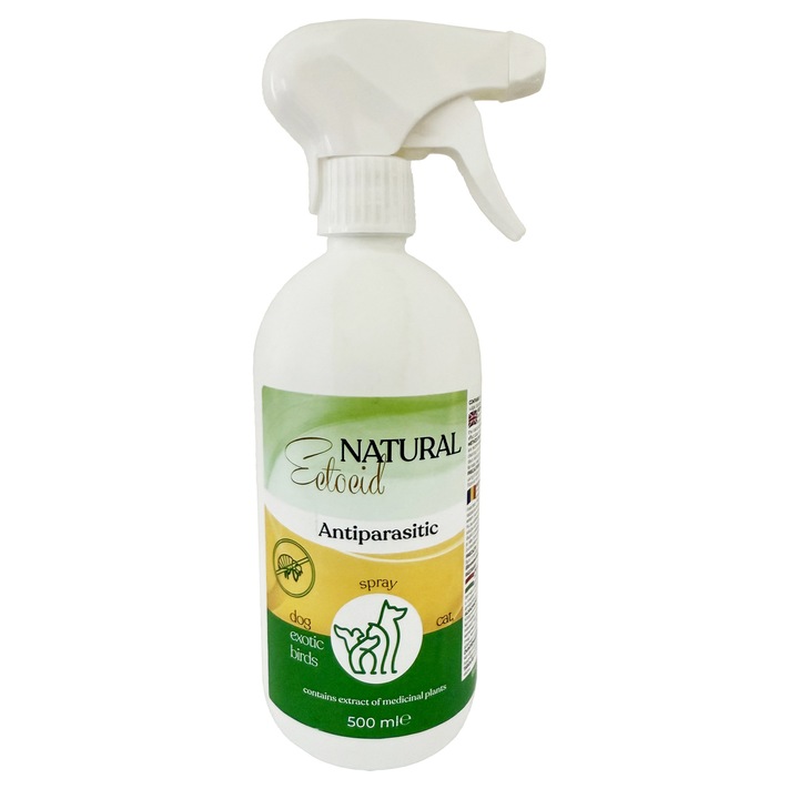 Ectocid Natural Spray Antiparazitar, gata de aplicare, adjuvant in tratamentul infestatiilor cu pureci si paduchi la toate speciile de animale, inclusiv la Pasari de Curte, Caini, Pisici si Pasari de colivie, Pasari Exotice, 500 ml