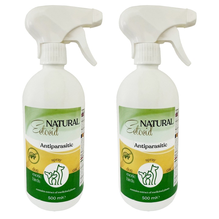 Pachet Antiparazitar Spray Natural, gata de aplicare, adjuvant in tratamentul infestatiilor cu pureci si paduchi la Toate Speciile de Animalele inclusiv Pasari de Curte, Caini, Pisici, Pasari de colivie si Pasari Exotice 2x500 ml