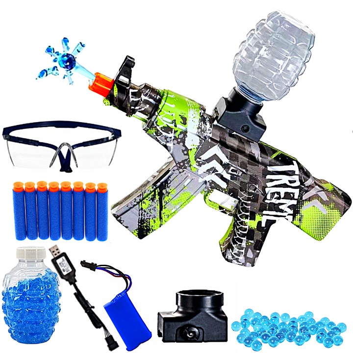 Pusca Electrica Automata de Jucarie cu Bile de Gel de Apa si Gloante de Burete cu Acumulator 7.4V Tip Mitraliera, Tragere in Rafala Gel Blaster,5000 de bile incluse, Ochelari de Protectie, Cablu de Incarcare Distanta de Tragere 20 Metri SprintMag®