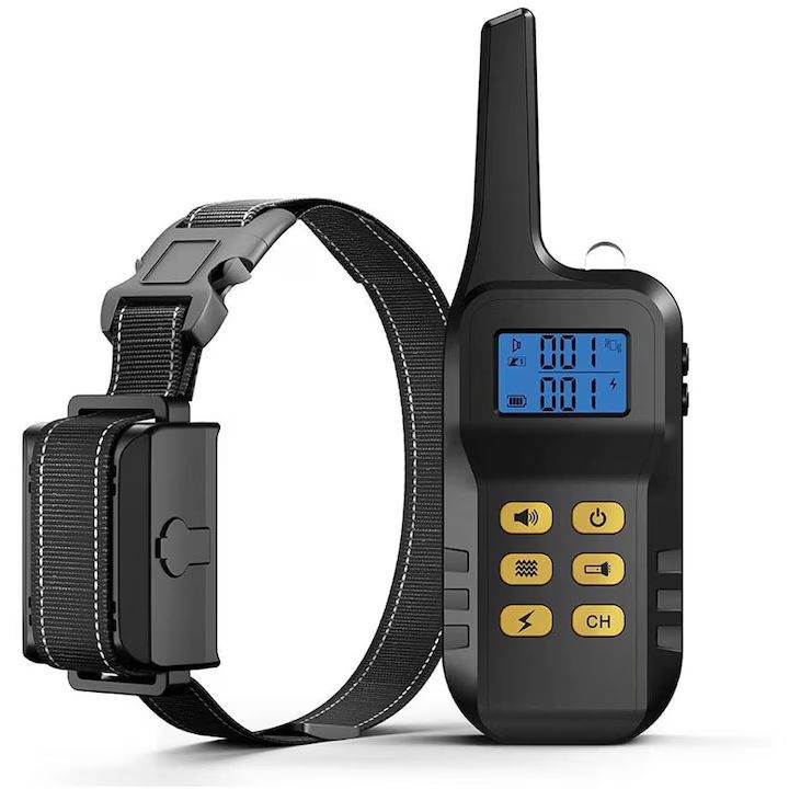 Електрическа каишка за дресировка на кучета, функция против лай, обхват 1000 м, презареждаща се, IP6x - устойчива на вода и прах, гумирани електроди, защита на кожата, пестене на енергия, фенерче, подходяща за лов, черна