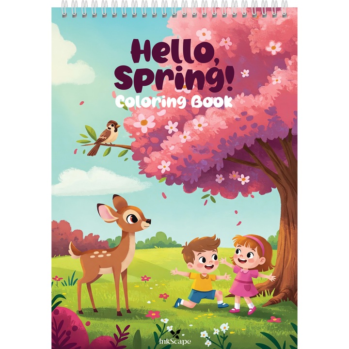 Carte de colorat si desenat pentru copii cu animale, plante, insecte si activitati de primavara, 40 pagini, Format A5 cu spirala, Hello, Spring! by InkScape, Editia 2025