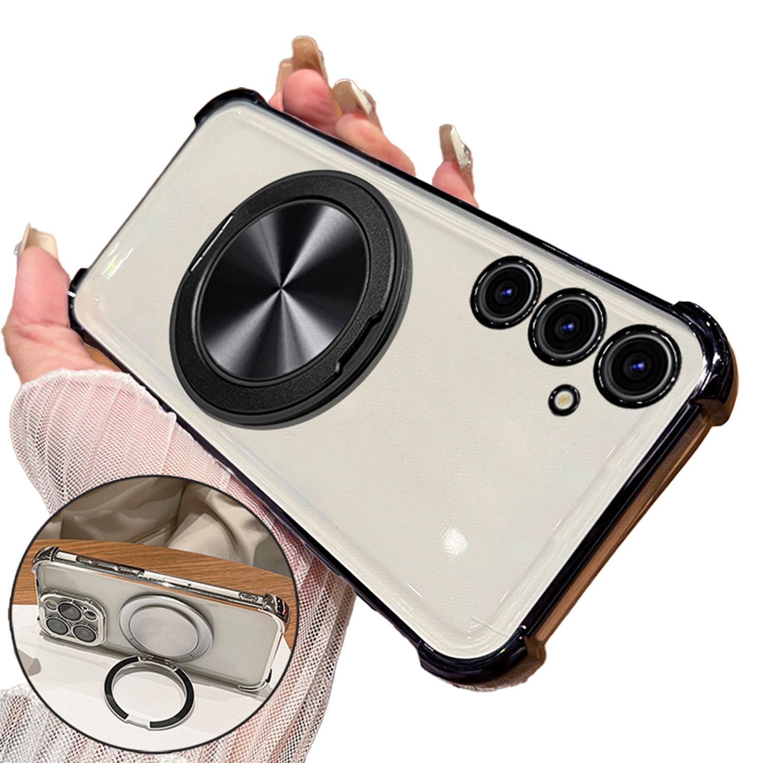 Husa telefon compatibila cu Samsung A56, Magnetic MagSafe, Suport Rotativ Magnetic 360, Protectie Colturi, Ultra Protect, Anti-Shock Protection, transparent/Negru carbon