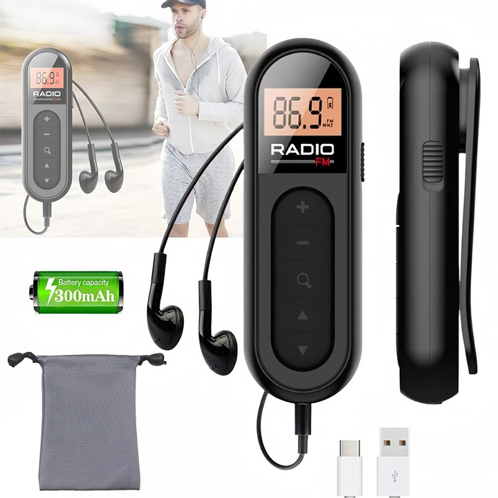Radio portabil, Excitat®, FM, Modulatie de frecventa, 76-108 MHZ, 300mAh, USB-C, Afisaj LCD, Mufa pentru casti de 3,5 mm, 15 niveluri de ajustare a volumului, Cu clipa pentru haine, Cu geanta de depozitare impermeabila, Negru