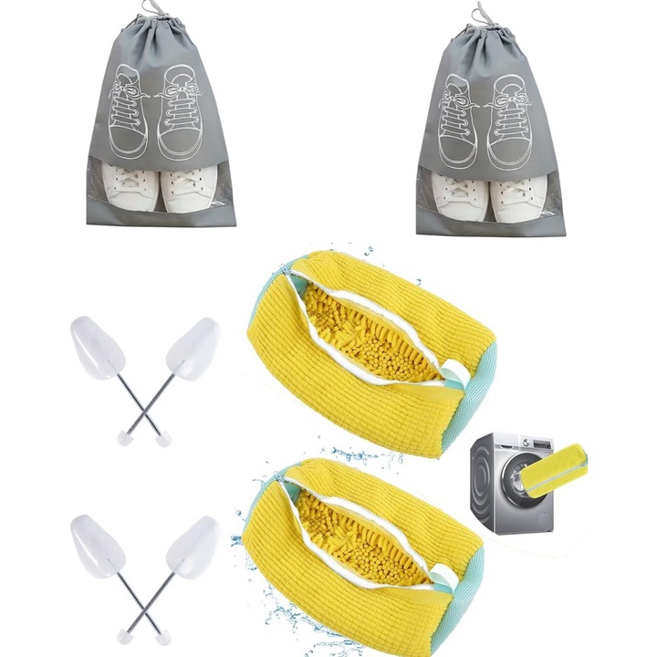 Kit 2 Saci pentru Spalarea Incaltamintei, Inchidere Sigura, Reutilizabili, QUANDES®, 2 Set sanuri pantofi cu arc flexibil, Marimea 35 - 39, 40-47, Galben, 2 Huse pentru protectie incaltaminte