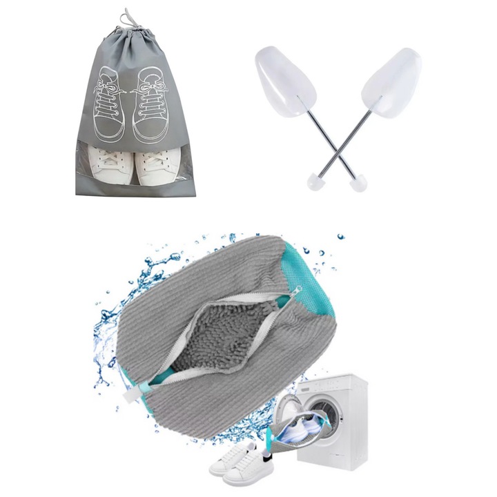 Kit 1 Sac pentru Spalarea Incaltamintei, Inchidere Sigura, Reutilizabili, QUANDES®, 1 Set sanuri pantofi cu arc flexibil, Marimea 40-47, Gri 1 Husa pentru protectie incaltaminte