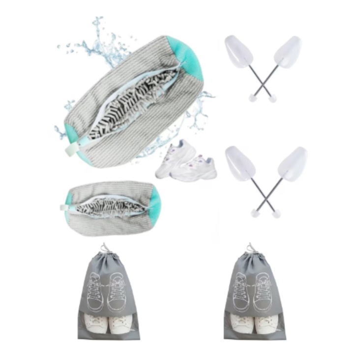 Kit 2 Saci pentru Spalarea Incaltamintei, Inchidere Sigura, Reutilizabili, QUANDES®, 2 Set sanuri pantofi cu arc flexibil, Marimea 35 - 39, 40-47, Alb, 2 Huse pentru protectie incaltaminte