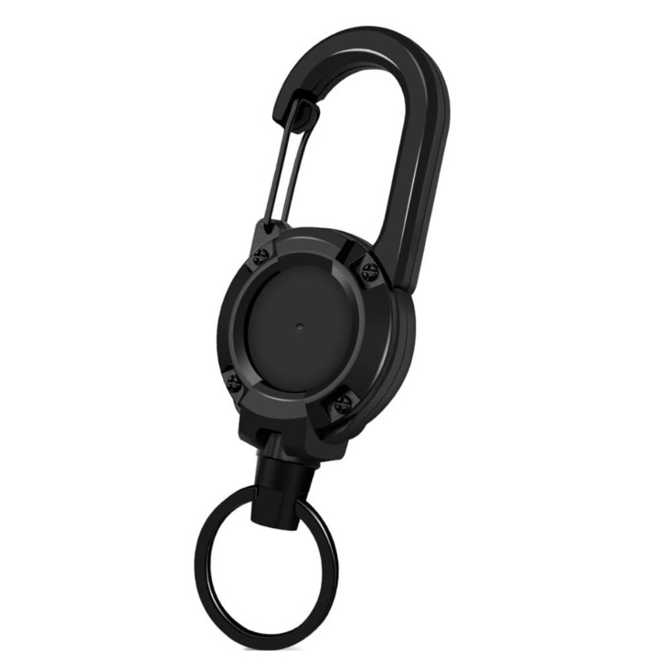 Suport Chei Retractabil Tip Carabina, Breloc Tactic pentru Accesorii, Cablu de Otel, Intindere 60 cm, Negru, HIPOLAR