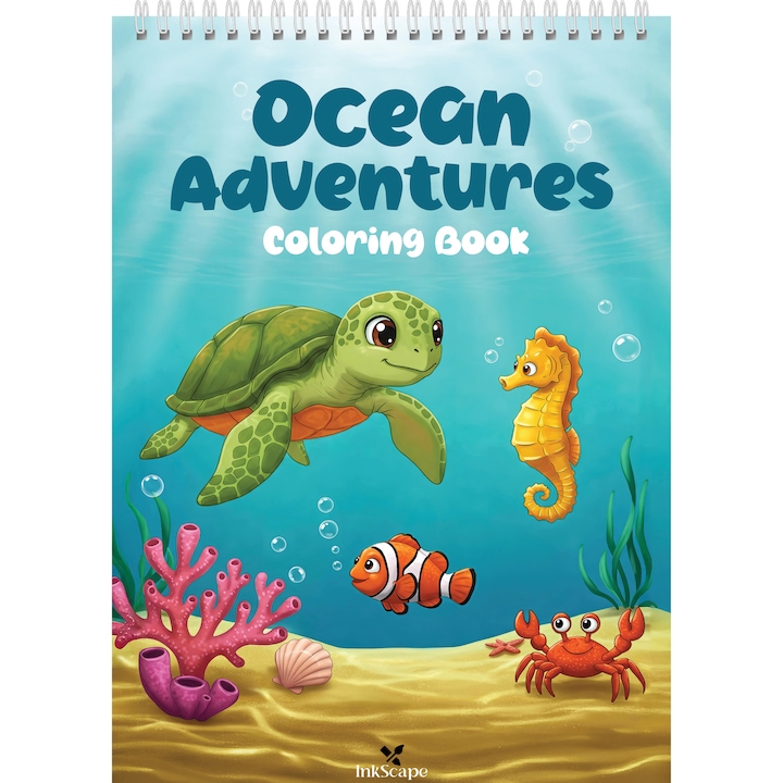 Carte de colorat si desenat pentru copii cu animale marine, 40 pagini, Format A5 cu spirala, Ocean Adventures by InkScape, Editia 2025