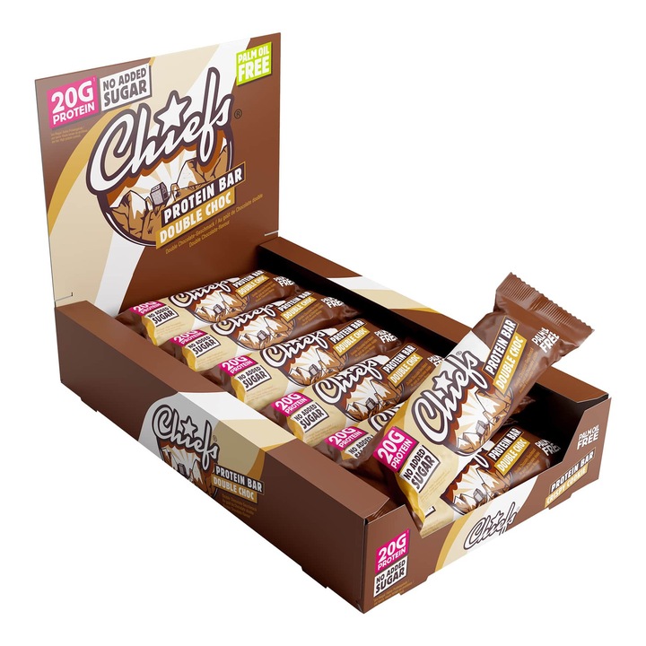 Batoane proteice Chiefs Double Choc 12 x 55 g cu aroma de ciocolata, 20 g proteina, fara zaharuri adaugate, fara ulei de palmier