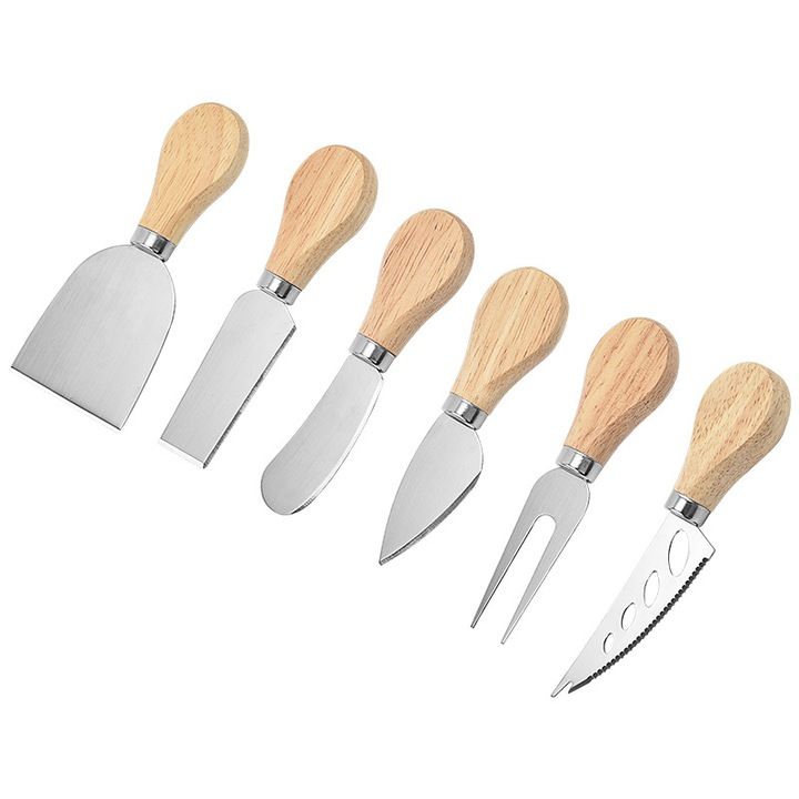 Set 6 cutite de bucatarie pentru branza/unt/carne/fructe, maner din lemn, din inox, ergonomice, multifunctionale, usor de curatat