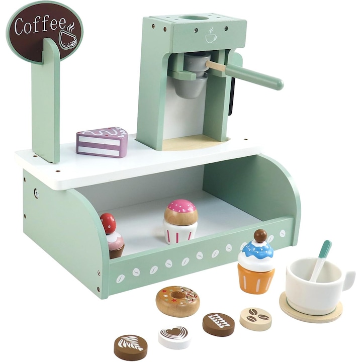 Espressor de jucarie din lemn pentru copii – set de joaca cu tematica de cafea Forthcan, echipat cu accesorii variate. Jucarie tip bucatarie care imita pregatirea cafelei, ideala pentru copiii cu varste intre 3 si 6 ani.32×20×30cm., Restaurant Lemn