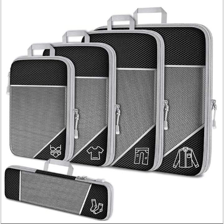 Set 5 Organizatoare Bagaje Compresie Extensibile cu Plasa Forthcan– Accesorii Calatorie si Depozitare, Negru, Maner bagaj Nylon