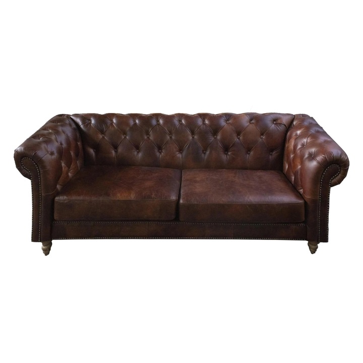 Canapea Chesterfield din piele naturala top grain maro inchis, 3 locuri, Z-Home
