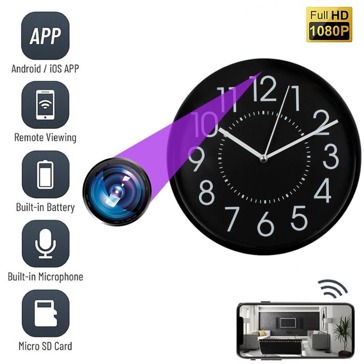 Camera Spion, WIFI MCPN03, Ascunsa in Ceas de Perete, Diametru de 20 cm, 5MP Full HD, Inregistrare Audio-Video si Aplicatie Live