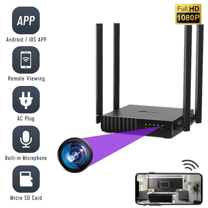 Camera Spion C54N Ascunsa in Router Wireless, WIFI, Full HD, Inregistrare Audio-Video, Detectia miscarii, cu Card Micro SD de 32GB Inclus si Aplicatie Live