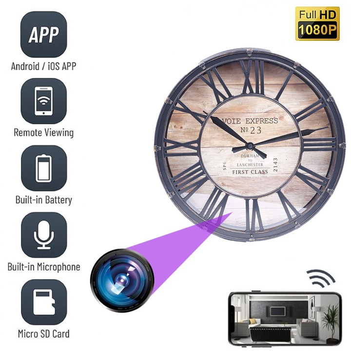 Camera Spion WiFi, MCPM20 Ascunsa in Ceas de Perete cu Diametru de 20 cm, 5MP Full HD, Inregistrare Audio-Video si Aplicatie Live