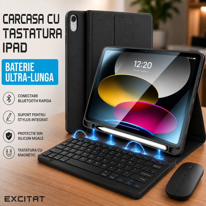 Husa cu tastatura pentru iPad Apple, Excitat®, compatibil cu tableta iPad 10th Gen 2022, iPad 11th Gen (A16) 2025, 10.9", tastatura wireless, Carcasa moale din silicon, USB-C, suport stylus pen, Cu mouse Bluetooth, Durata lunga de viata a bateriei, Negru
